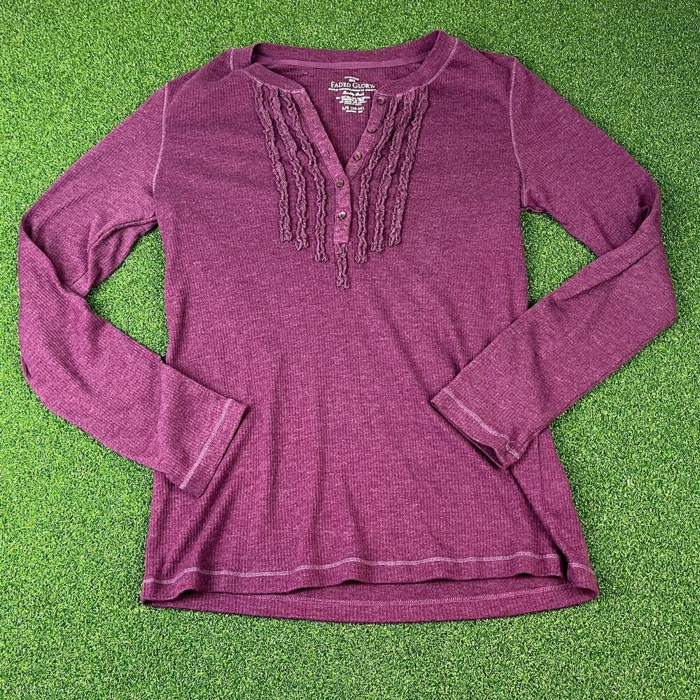 Vintage Y2K Faded Glory Purple Ribbed Henley Top Long Sleeve Boho Grunge